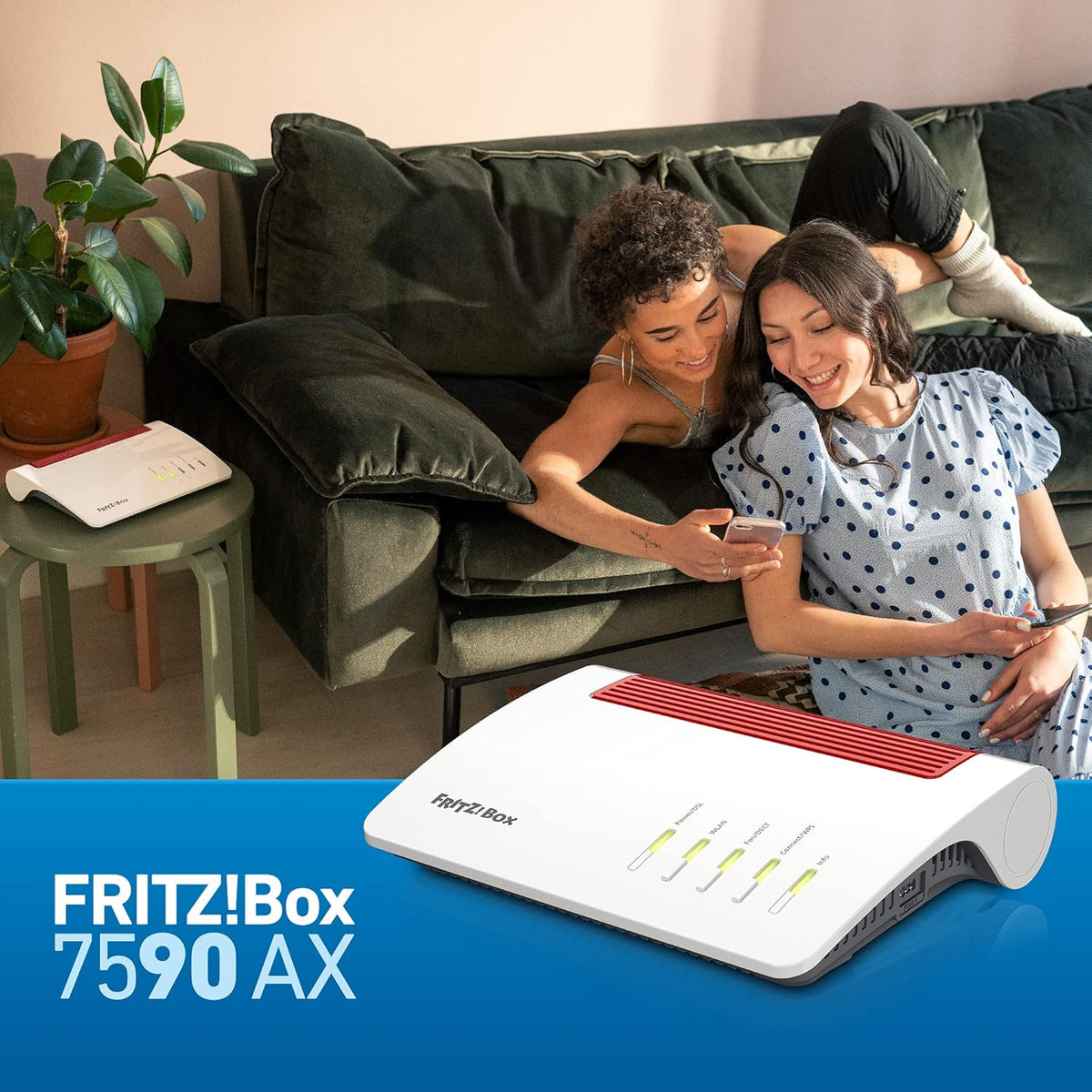 AVM Fritz!Box 7590 AX Edition (Routeur Wi-FI 6, 2400 Mbps (5 GHz) & 1200 Mbps (2,4 GHz), y Compris clé USB SanDisk, Mesh Wi-FI, Base DECT)