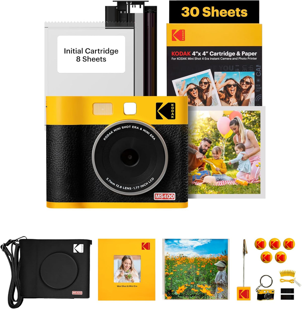 KODAK Mini Shot 4 Era 4PASS 2-in-1 Appareil Photo Instantané et Imprimante Photo Portable 10x10cm Lot Accessoire avec 68 Feuilles, Jaune