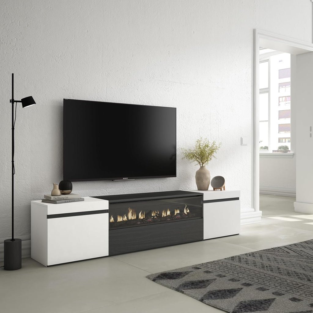 Skraut Home | Meuble TV | Banc Télé | Grand Espace de Rangement | 200x45x35cm | pour Les TV jusqu'à 80" | Cheminée électrique | Style Moderne | Blanc et Noir