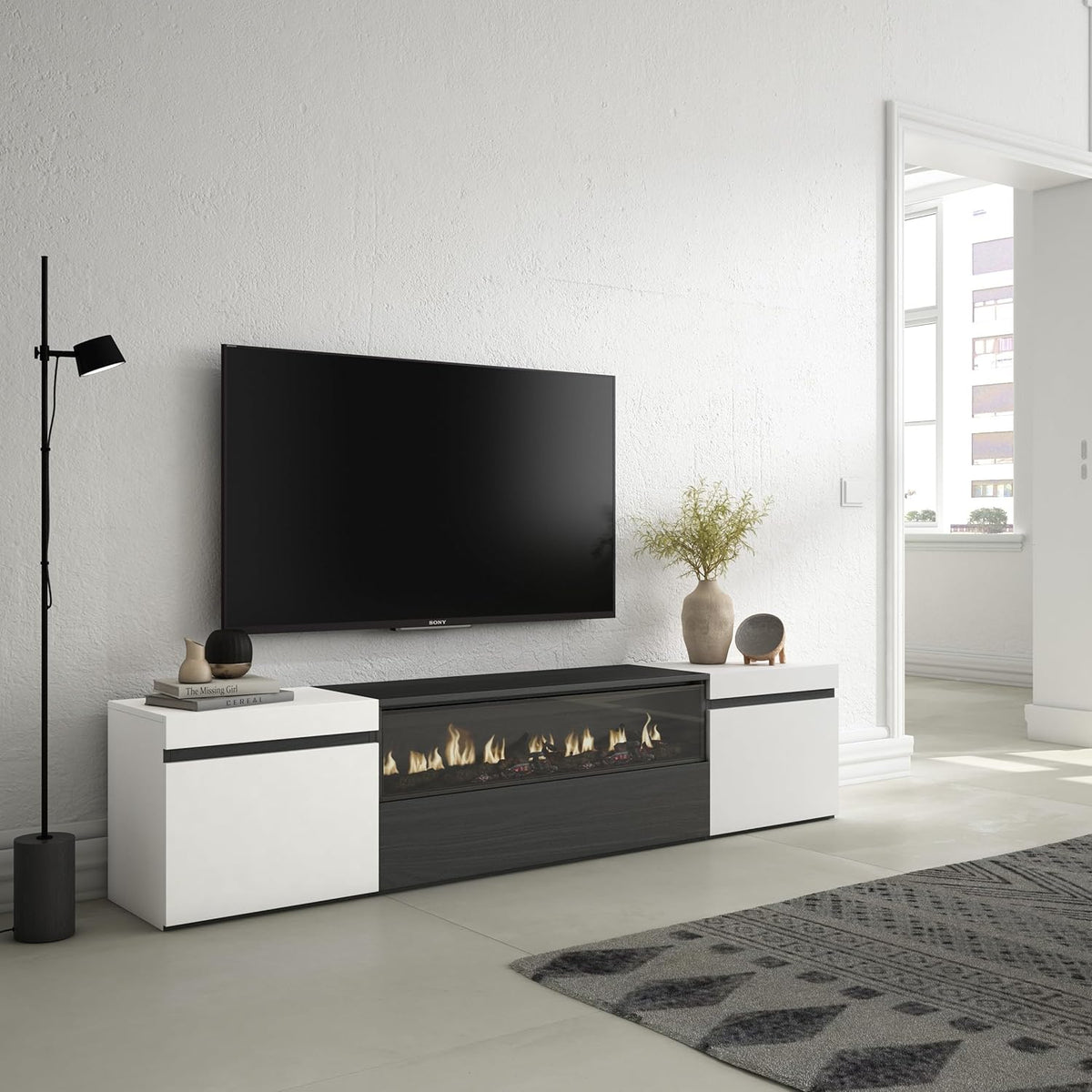 Skraut Home | Meuble TV | Banc Télé | Grand Espace de Rangement | 200x45x35cm | pour Les TV jusqu'à 80" | Cheminée électrique | Style Moderne | Blanc et Noir