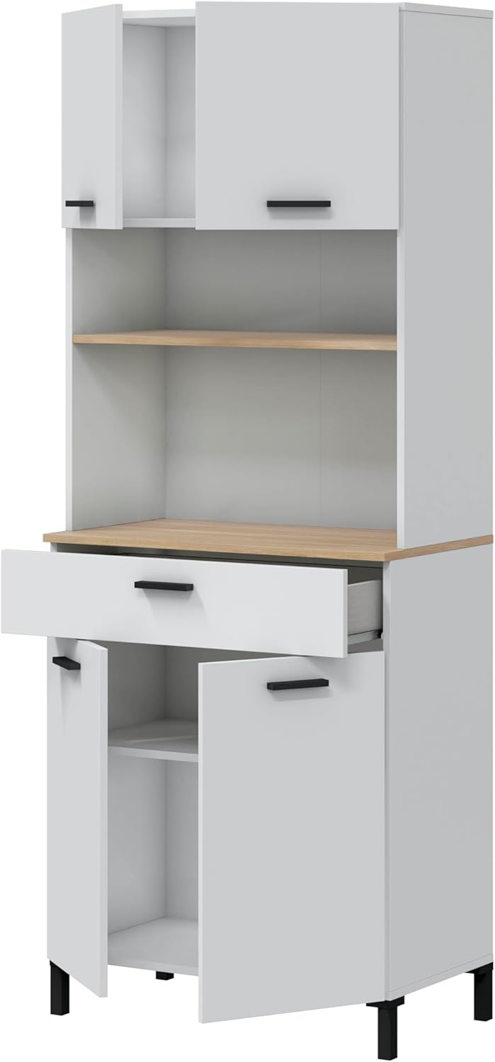 Habitdesign Modèle Kira Meuble de cuisine 4 portes + 1 tiroir Finition blanche Artik et naturel, dimensions : 185 x 72 x 40 cm H x l x P .