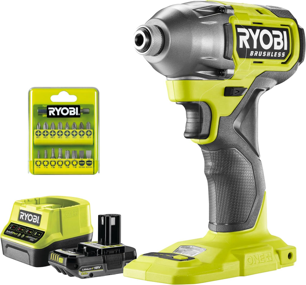 Visseuse à chocs 18 volts ONE+, sans fil, BRUSHLESS - 300 Nm - réception hex 1/4" - 1 Batterie 2Ah + Chargeur Rapide - 17 Emboutsde vissage
