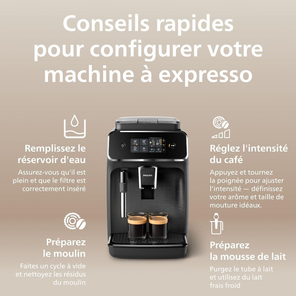 Philips Expresso broyeur Série 2200-2 Cafés, Écran tactile, Mousseur à lait classique, Broyeur céramique, Machine à café à grain Noir mat (EP2220/10)