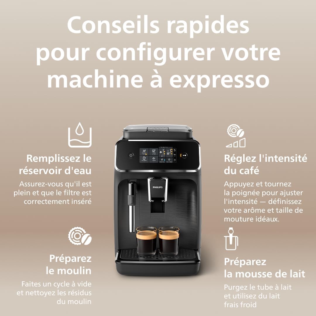 Philips Expresso broyeur Série 2200-2 Cafés, Écran tactile, Mousseur à lait classique, Broyeur céramique, Machine à café à grain Noir mat (EP2220/10)