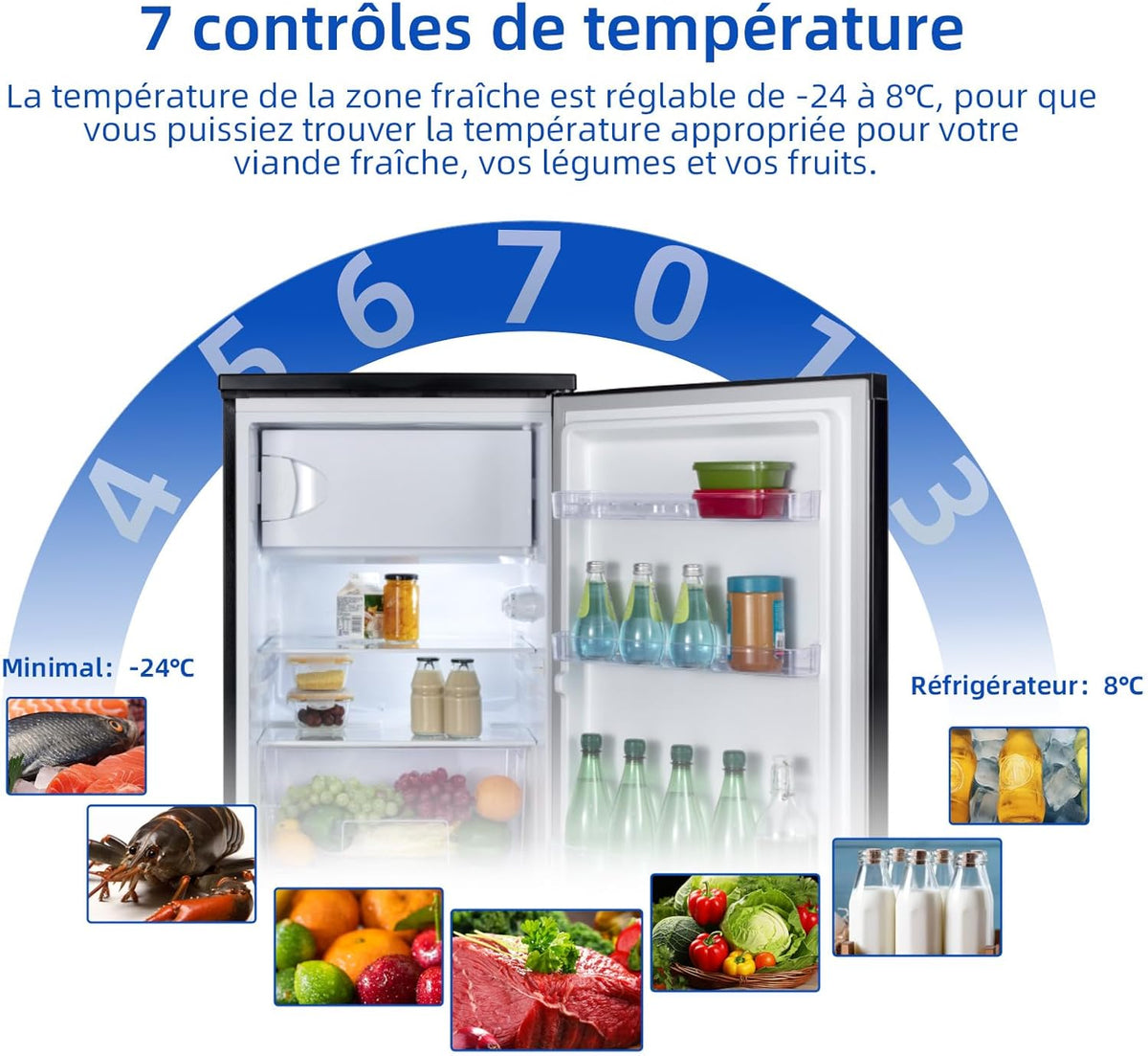 CHIQ Réfrigérateur congélateur 107 L, Classe D, Efficacité énergétique, Ultra silencieux (39 dB), Contrôle de l'humidité, Porte réversible