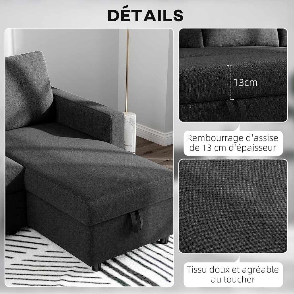 HOMCOM Canapé d'angle Convertible canapé lit canapé 3 Places modulable avec méridienne réversible, Coffre de Rangement intégré et 3 Coussins de Dossier, Tissu Aspect Lin, Noir