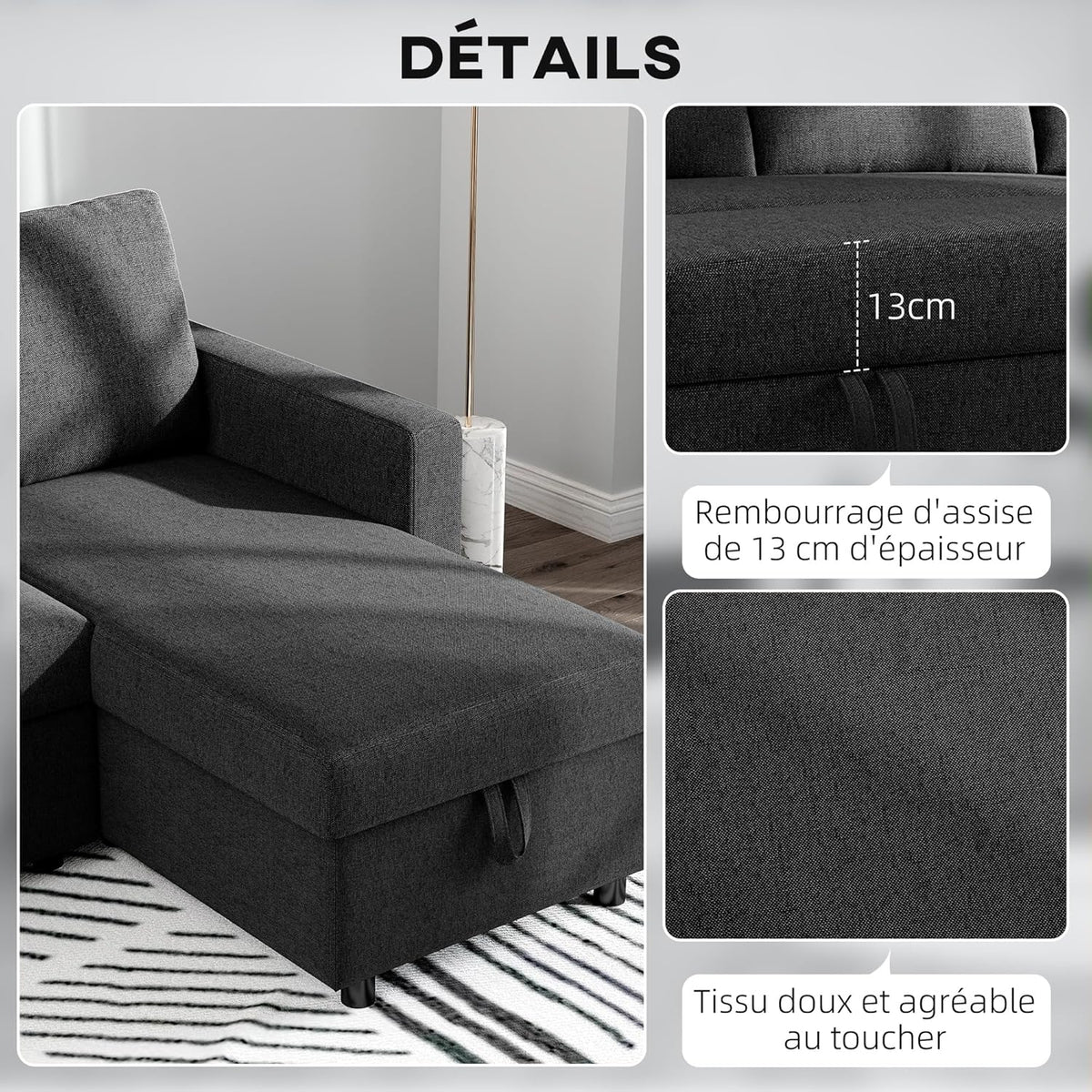 HOMCOM Canapé d'angle Convertible canapé lit canapé 3 Places modulable avec méridienne réversible, Coffre de Rangement intégré et 3 Coussins de Dossier, Tissu Aspect Lin, Noir