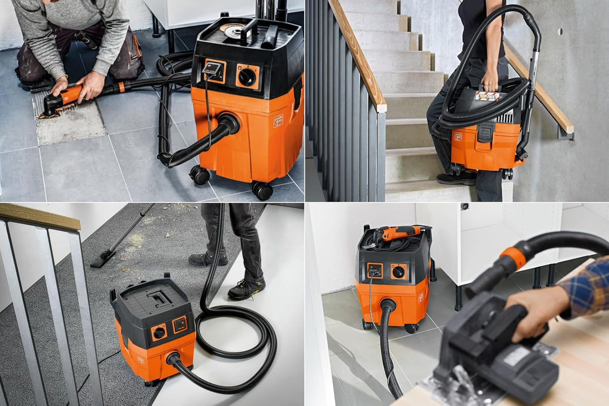FEIN Dustex 35 L, Aspirateur eau et poussières puissant pour le raccordement d'outils électroportatifs en atelier ou sur chantier. Câble avec fiche 7.5 m, Puissance absorbée 1 380 W