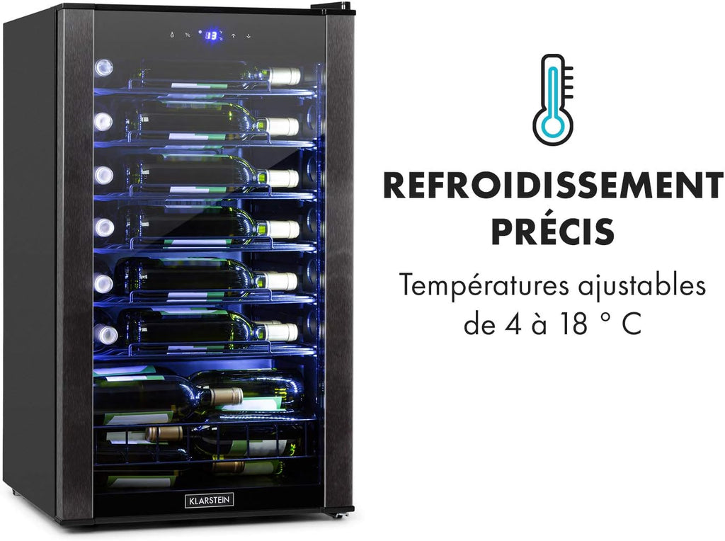 Klarstein Vinomatica - Cave à vin, Compacte, Capacité de 95L, 36 bouteilles, Porte panoramique, Cadre en acier inoxydable noir, Eclairage intérieur, 6 tablettes amovibles, Réglable de 4 à 18°C, Noir
