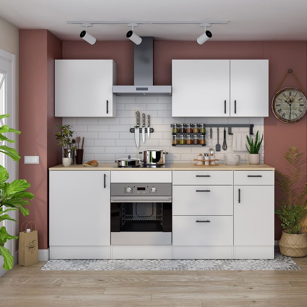 PEGANE Meuble Bas de Cuisine de 3 tiroirs avec Plan de Travail Coloris Blanc Brillant/chêne Canadien - Hauteur 90 x Longueur 60 x Profondeur 60 cm