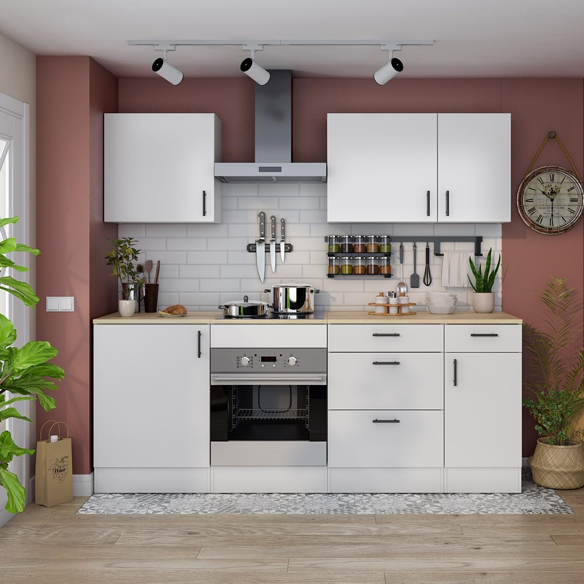 PEGANE Meuble Bas de Cuisine de 3 tiroirs avec Plan de Travail Coloris Blanc Brillant/chêne Canadien - Hauteur 90 x Longueur 60 x Profondeur 60 cm