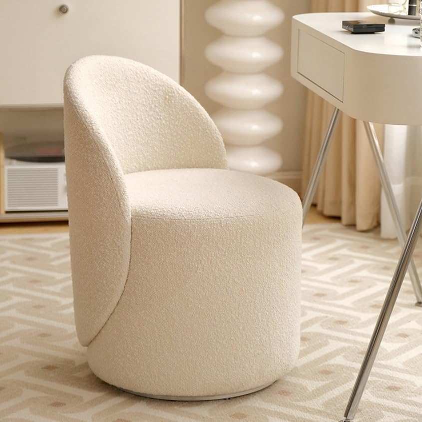 DELURA Chaise de Maquillage avec Dossier - Tabouret de Coiffeuse pour Chambre/Salle de Maquillage/Salon (Laine d'Agneau Blanche)