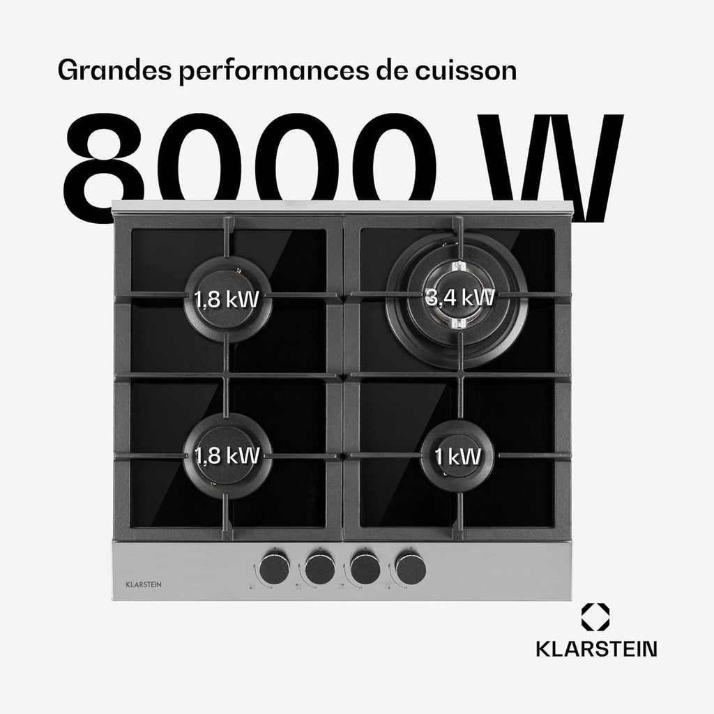 Klarstein Plaque de Cuisson à Gaz 4 Feux, Table de Cuisson 4 Brûleurs, 8.0 kW, Piano Cuisine en Acier Inoxydable, Encastrable, Inox