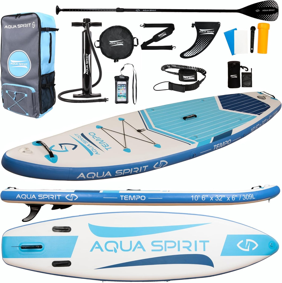 AQUA SPIRIT Tempo Sup Stand up Gonflable Surf Planche de Paddle pour Adulte Unisexe Débutant intermédiaire 320x81x15cm Charge Max 120KG avec Pagaie Réglable, Matelas à Langer Garantie De 2 Ans