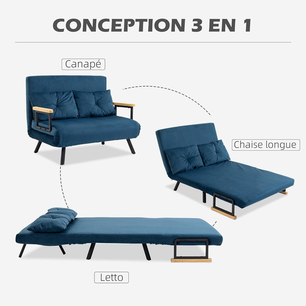 HOMCOM Canapé Convertible 2 Places 4 en 1, canapé-lit avec Dossier réglable sur 5 Niveaux, 2 Coussins et siège rembourré, Tissu Effet Velours, pour Salon, Chambre d'amis, Petit Espace, Bleu