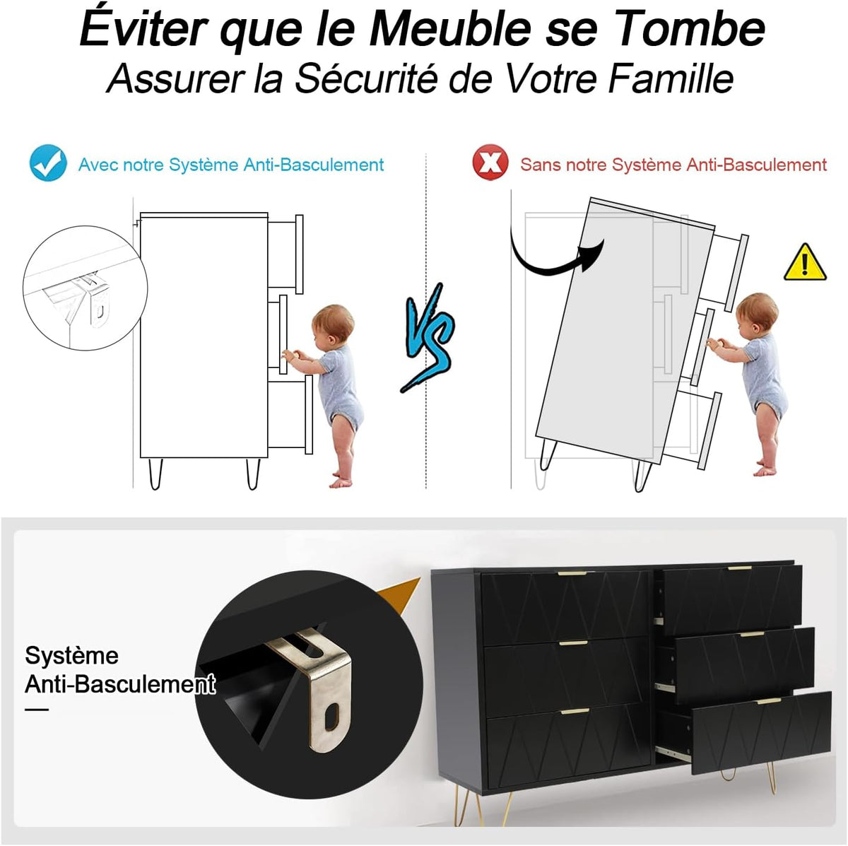 UEV Commode, Armoire avec 6 Tiroirs, Meuble de Rangement Chambre Enfant/Adulte, 100 x 34 x 73cm, Buffet Salon, Style Scandinave Elégant, Couleur Noir