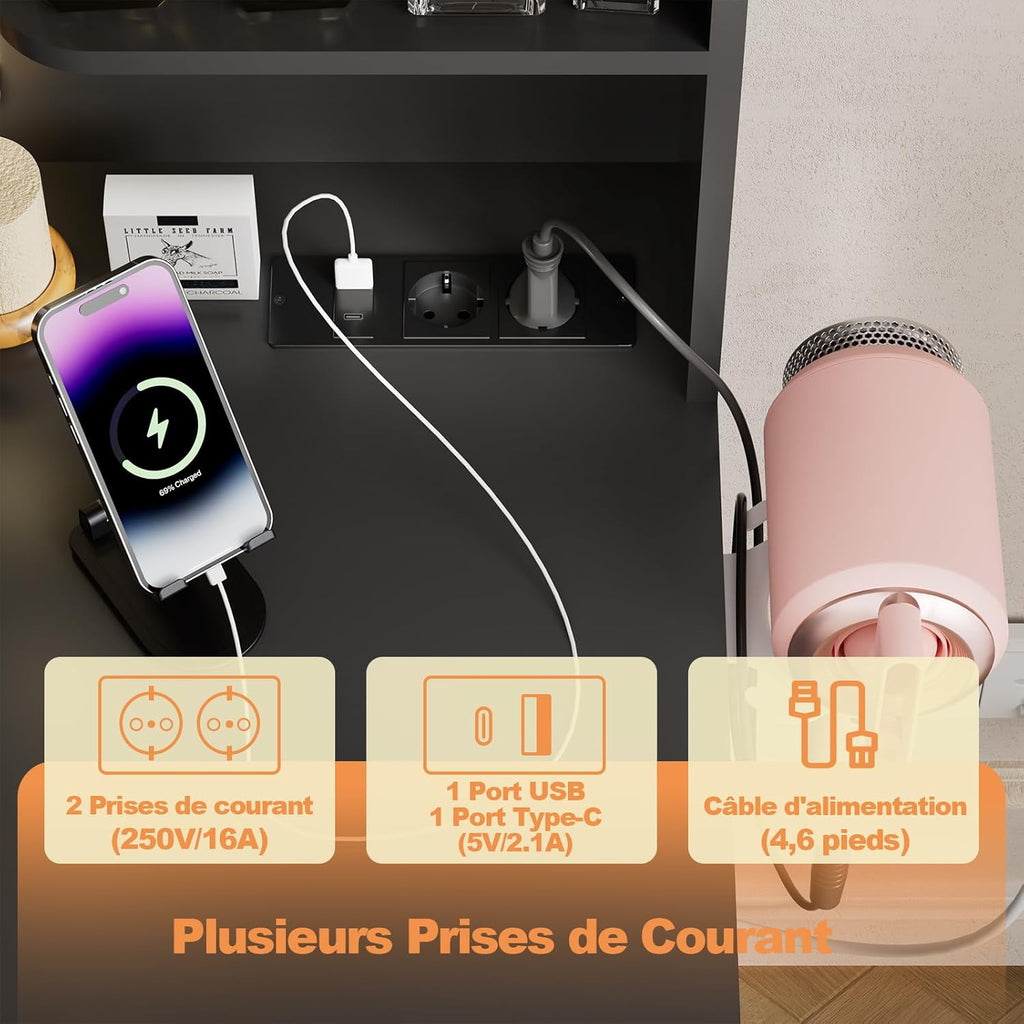 Airfish Coiffeuse LED, tiroir et prise, bureau de maquillage moderne avec étagères, commode pour chambre à coucher