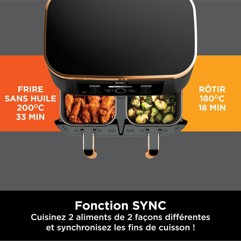 NINJA Foodi MAX Dual Zone Air Fryer, 2 Tiroirs, 9,5L, 6-en-1, Sans Huile, Air Fry, Max Crisp, Rôtir, Cuire, Paniers Antiadhésifs Lavables Au Lave-Vaisselle, Cuivre/Noir AF400EUCP