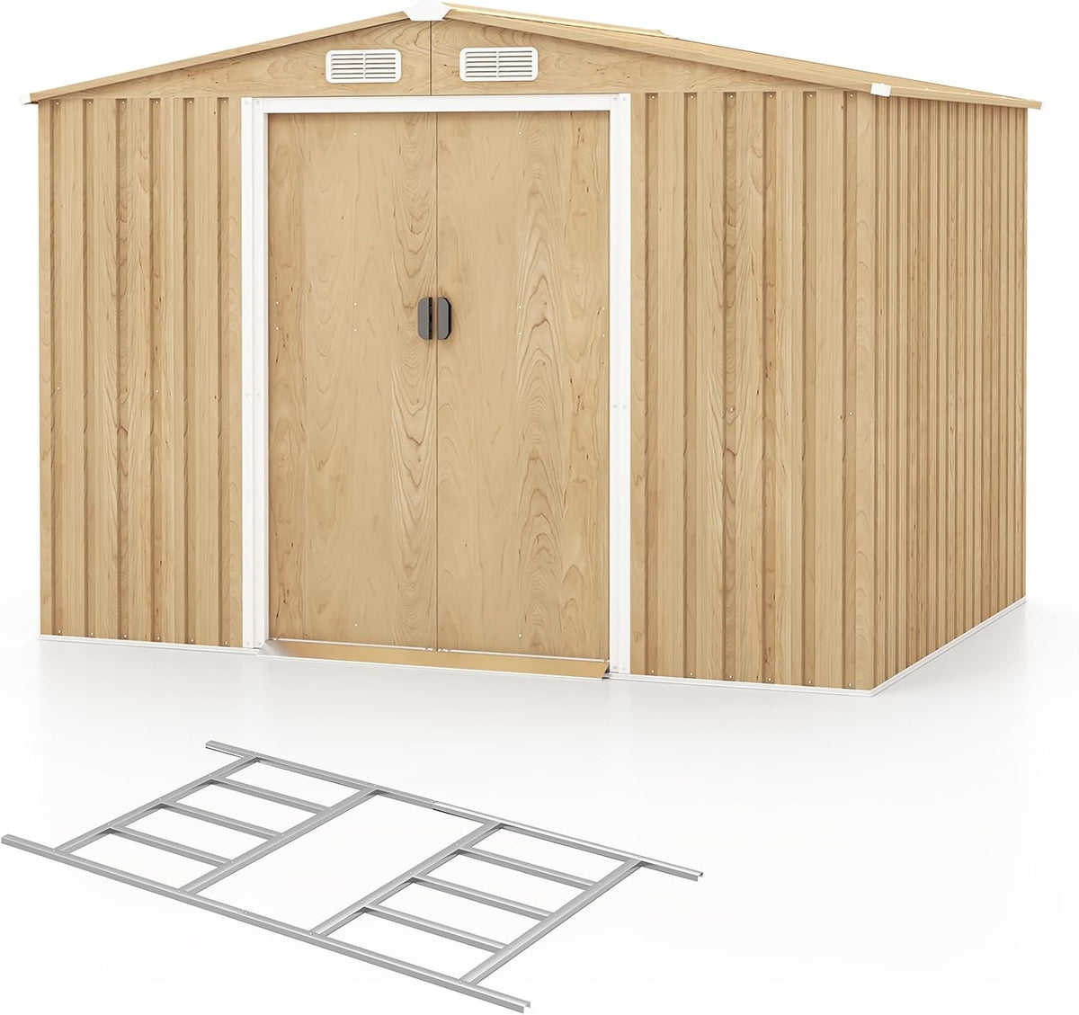 COSTWAY Abri de Jardin 5㎡ en Acier Galvanisé Anti-UV, 259 x 196 x 184 CM, Cabane de Jardin Exterieur 7m³ avec Fondation et Porte Coulissante, Rampe, 4 Trous d’Aération, 4 Gants Inclus