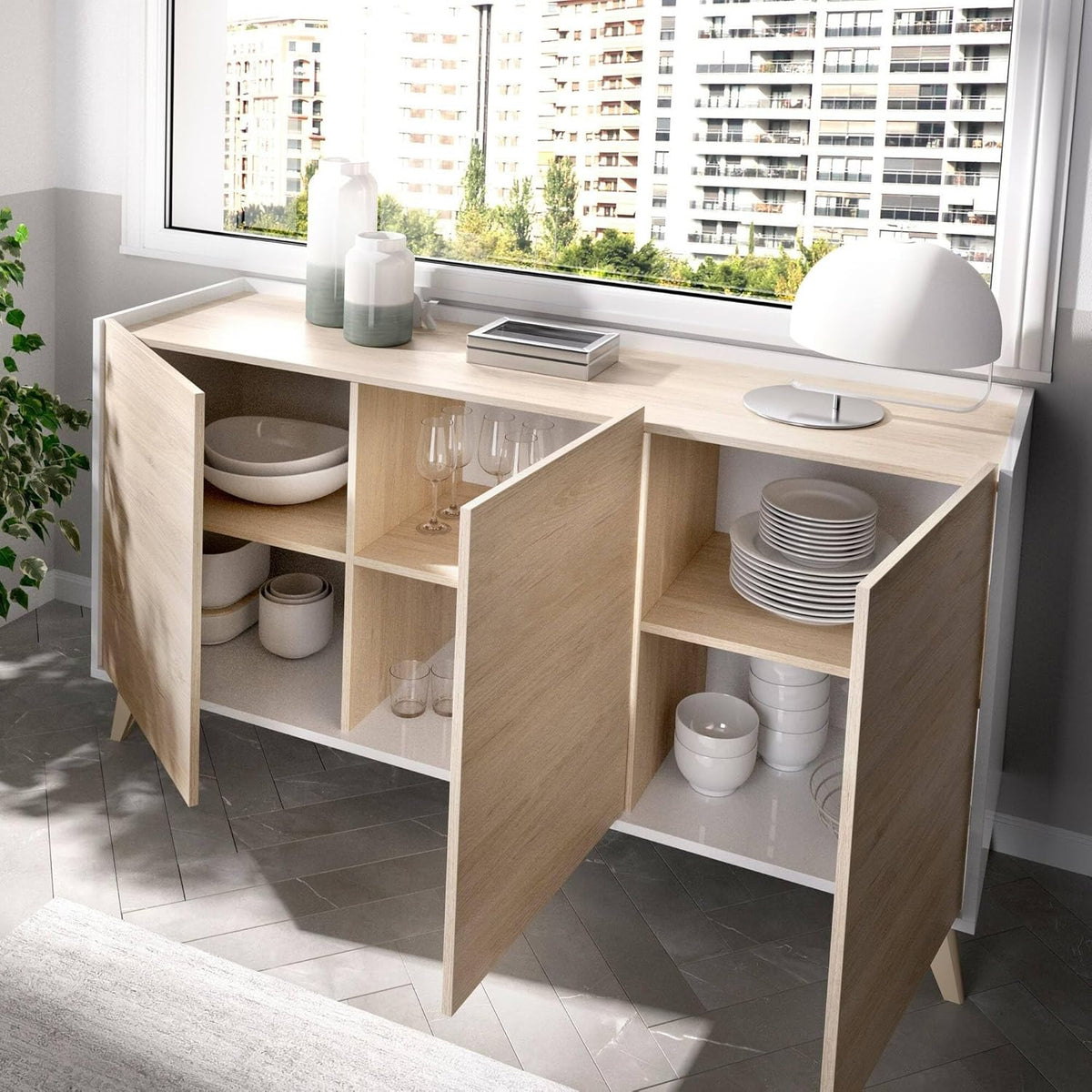 Dmora - Buffet Salon Moderne 3 Portes 155x43h75 cm Chêne Blanc
