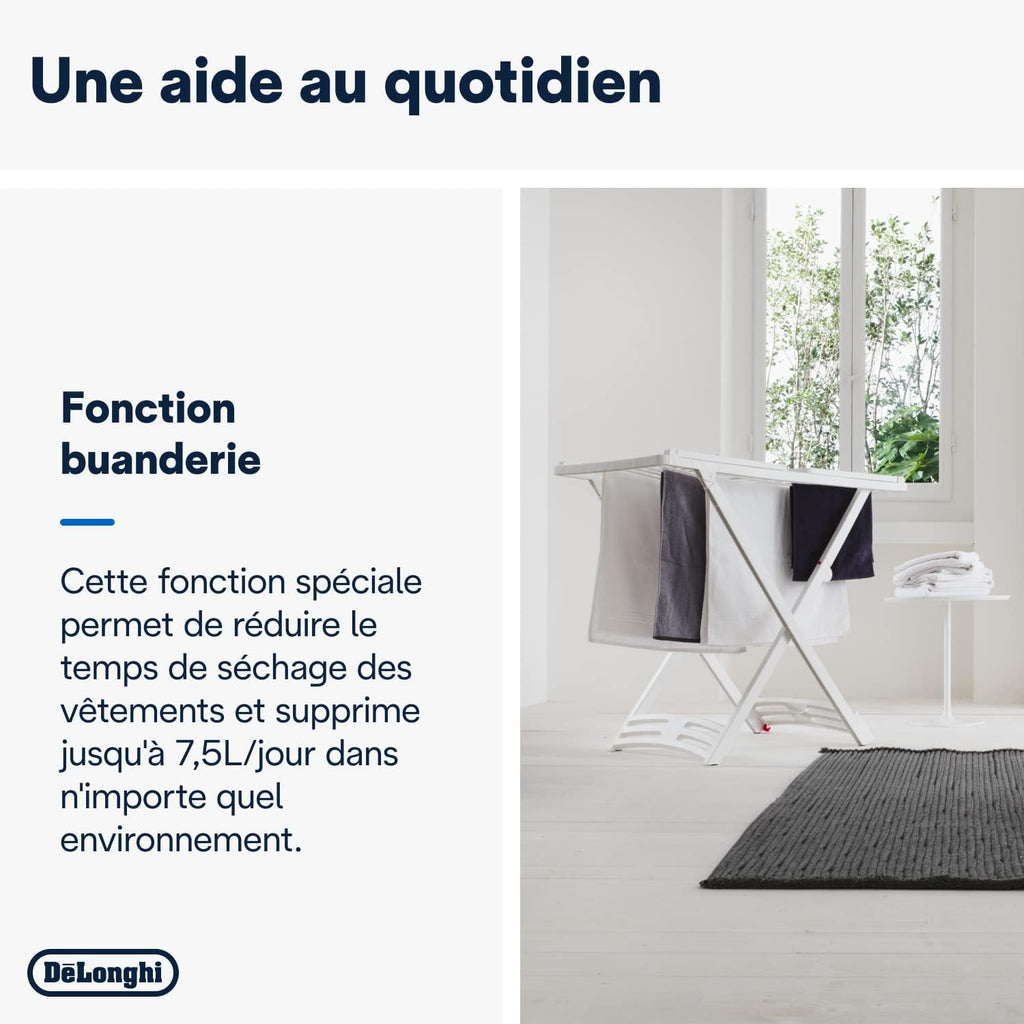 De'Longhi Déshumidificateur d'Air DNS80, Purificateur, Compact et Discret, 7.5L/Jour, Blanc