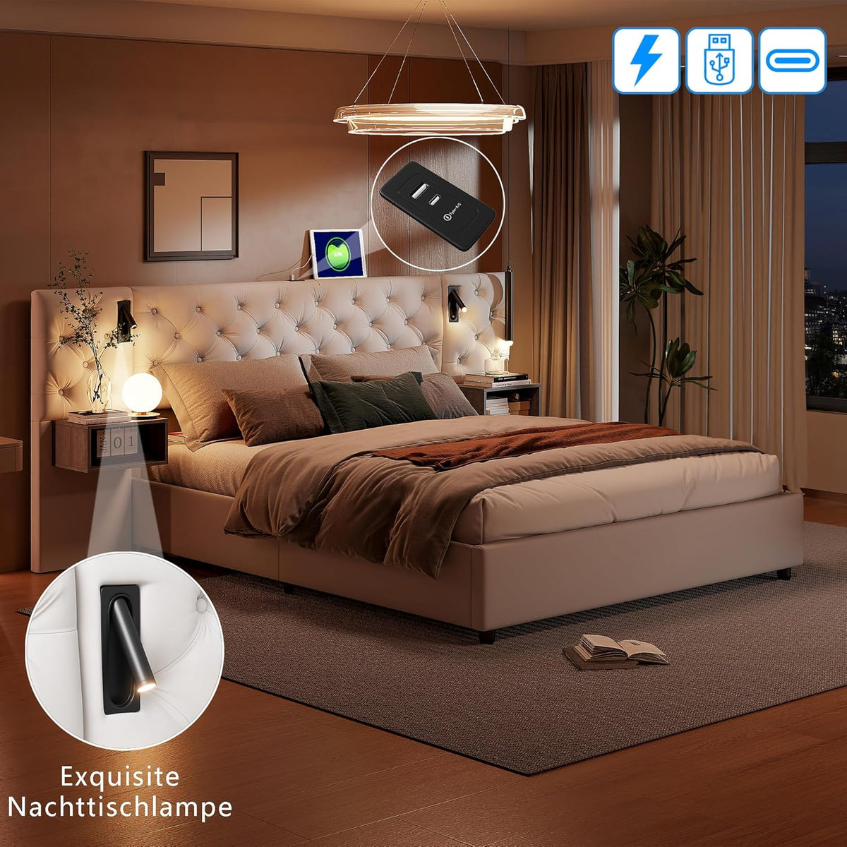 Julyue Lit double avec tables de chevet, 160 x 200 cm, rembourré, lampe de lecture et USB, hydraulique, rangement, cadre en bois, blanc