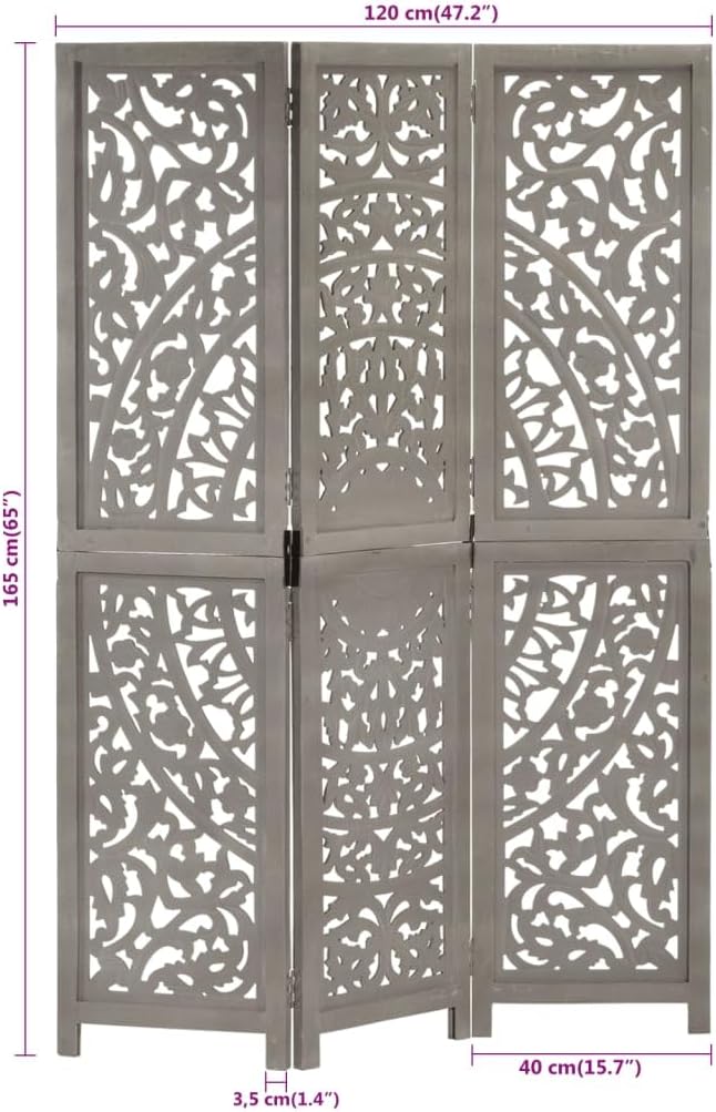 Paravent intérieur 3 Panneaux Pliables, Séparateur de pièce, Ecran d'Intimité Paravent Chambre à Coucher Maison Balcon, Gris 120x165 cm Bois manguier