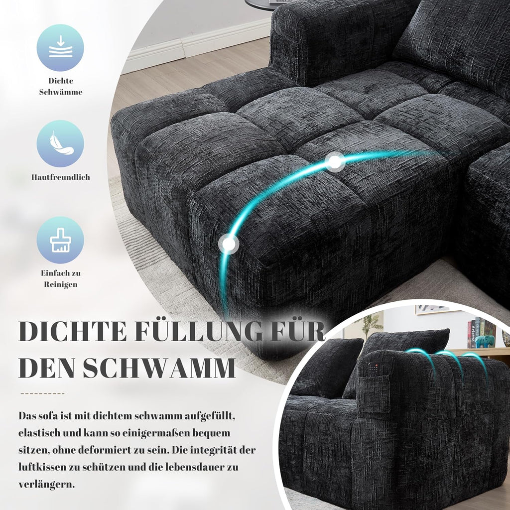 Canapé en Forme de U, 3 Places avec Méridienne, Design Moderne Rembourré avec Accoudoirs et 3 Coussins, Chenille Noir