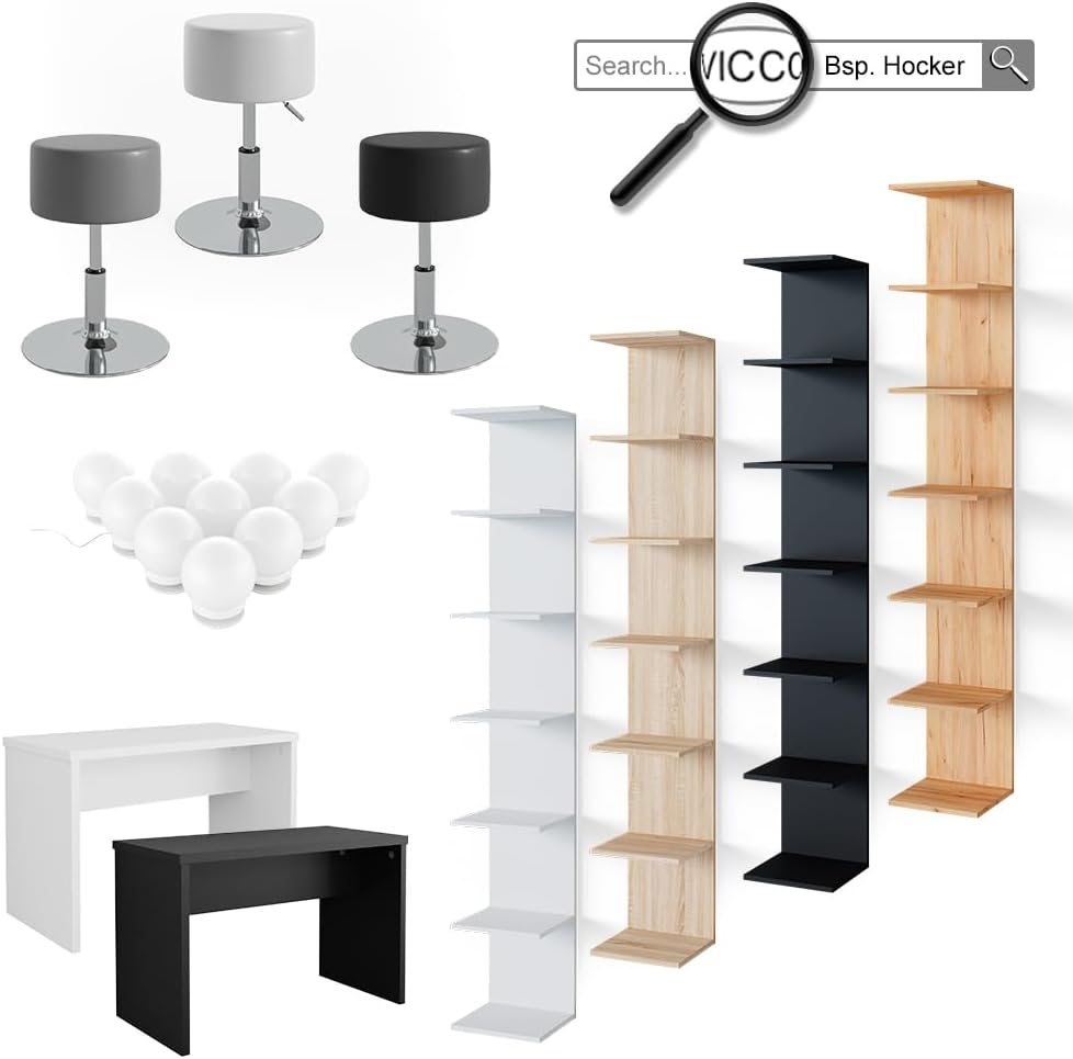 Vicco Coiffeuse Conrada, Blanc, 80cm avec éclairage LED et Tabouret