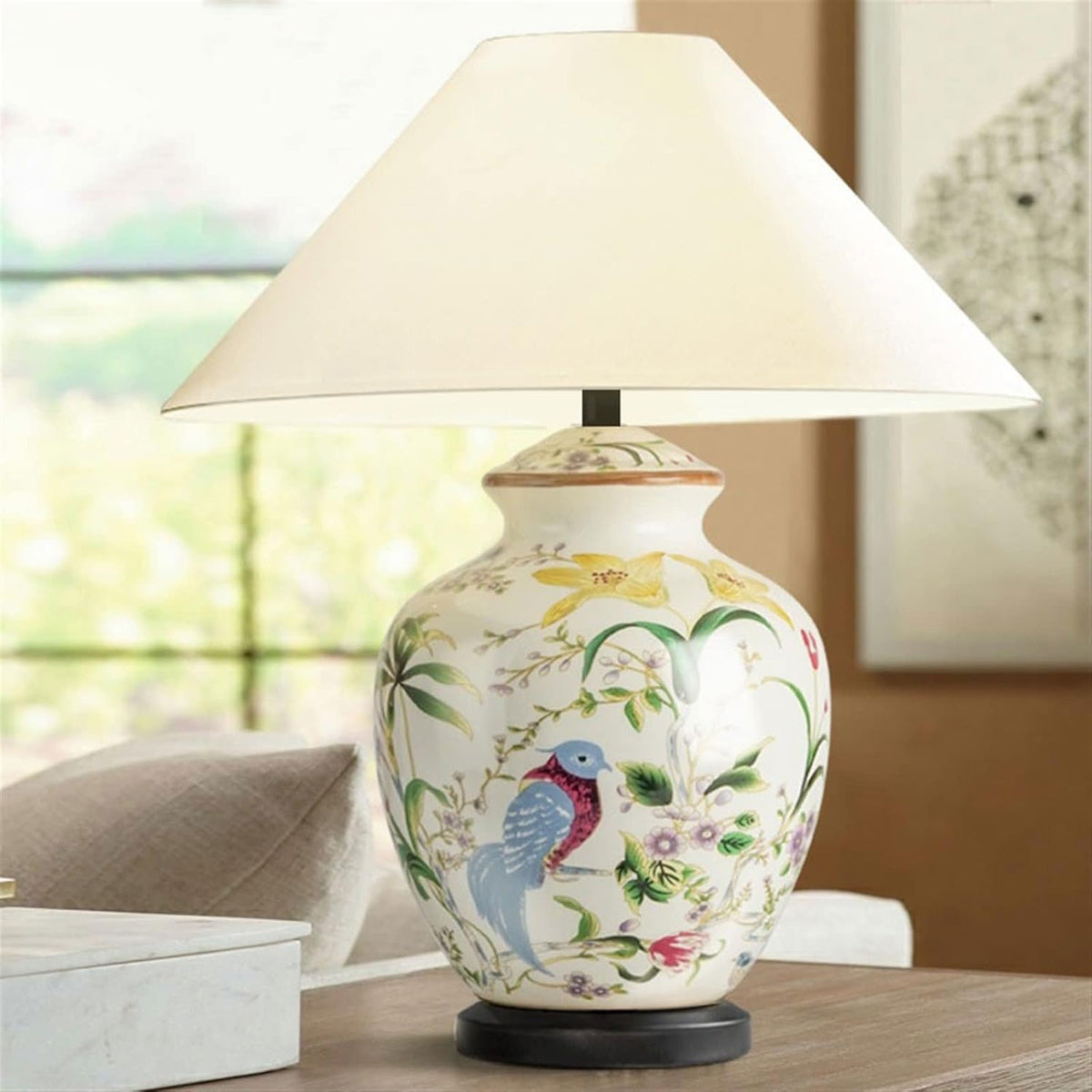 GLigeT Parfait Lampe de table en céramique à motif fleurs et d'oiseaux, lampe décoration d'intérieur, chevet pratique for chambre coucher Décor