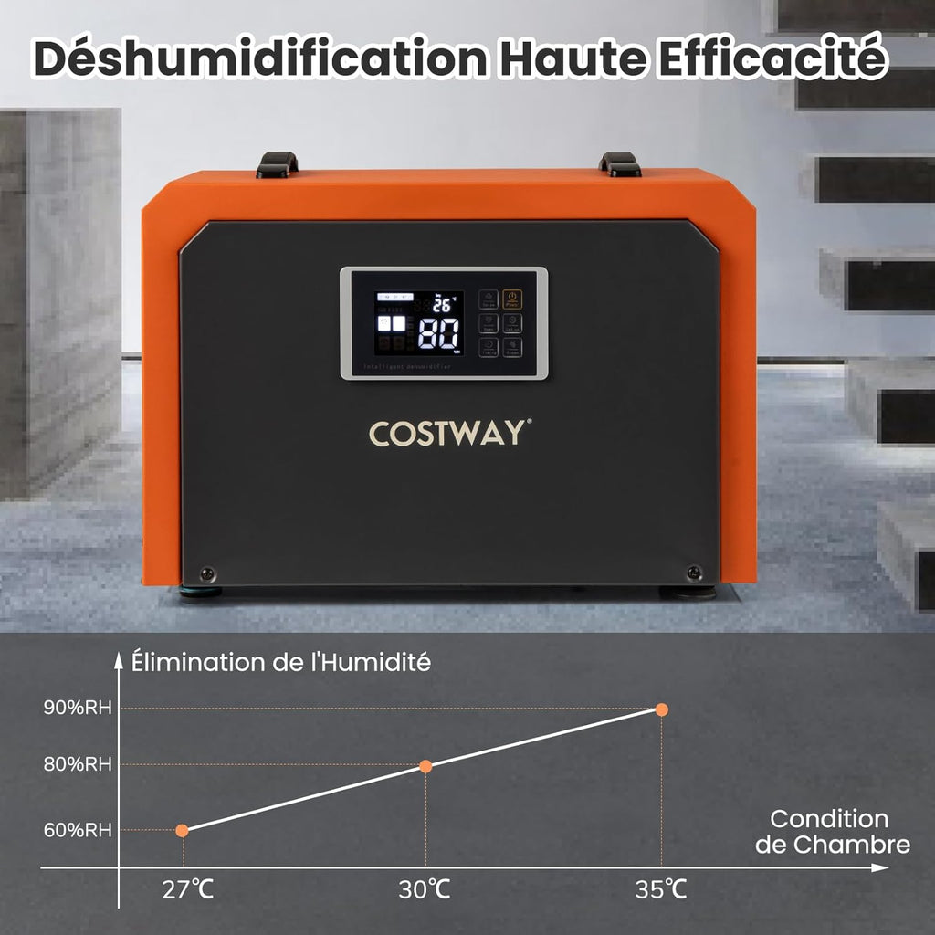 COSTWAY Déshumidificateur Professionnel 60 L/Jour, Déshumidificateur d'Air Électrique avec Minuterie 24H Restauration des Dégats d'Eau Dégivrage Automatique, Jusqu'à 560 ㎡pour Sous-sol Chantier