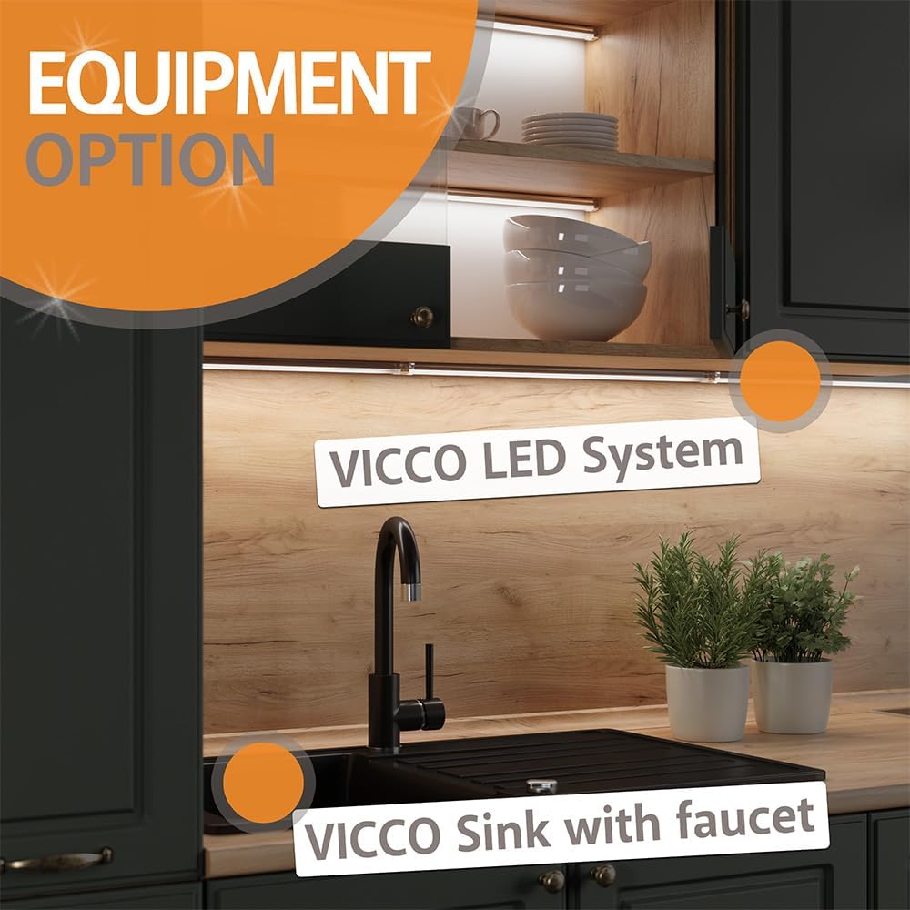 Vicco Cuisine R-Line, Bleu-Gris/Chêne de Force doré, 300 cm sans Plan de Travail