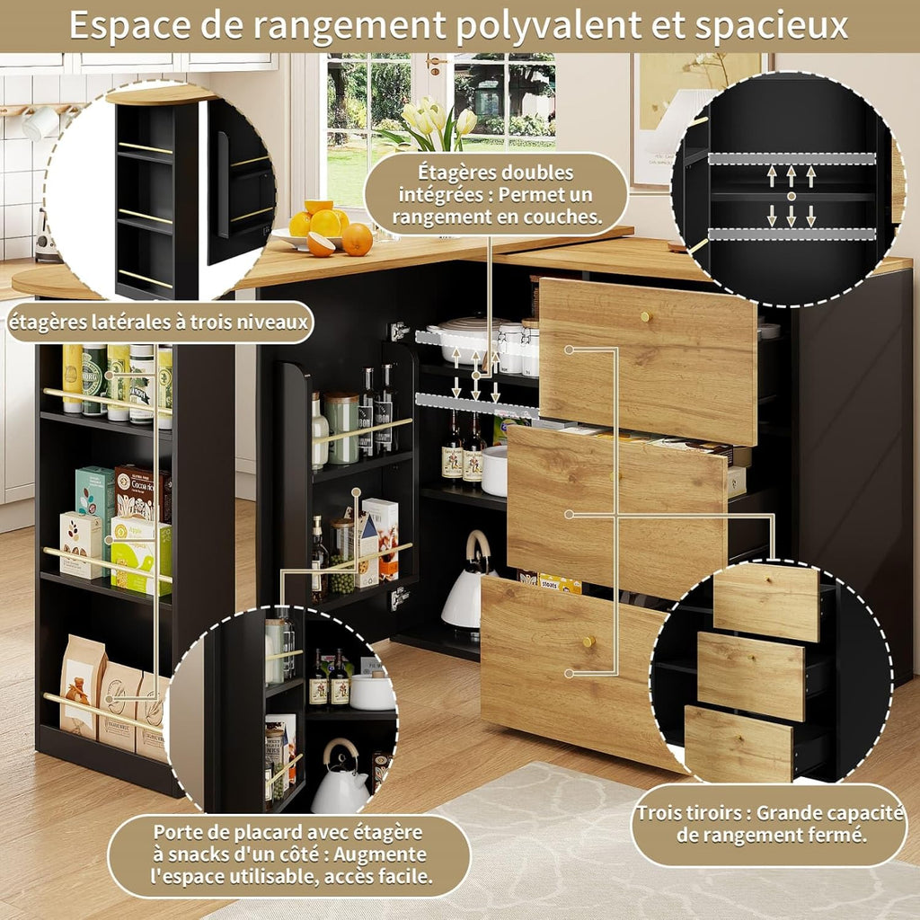 KOMHTOM Table de Bar Extensible avec Espace de Rangement(138-204 x 39 x 104 cm), Table à Manger Pivotante à 360°, 3 Tiroirs et étagères latérales
