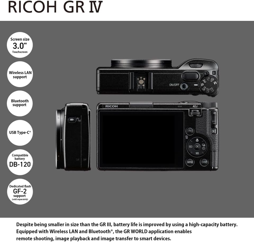 Appareil photo numérique compact haut de gamme Ricoh GR IV [Distance focale 28 mm] [Capteur CMOS APS-C 25,7 Mpx] [Démarrage rapide ~ 0,6 s] [Autofocus rapide] [ISO 204800] [L'appareil photo instantané