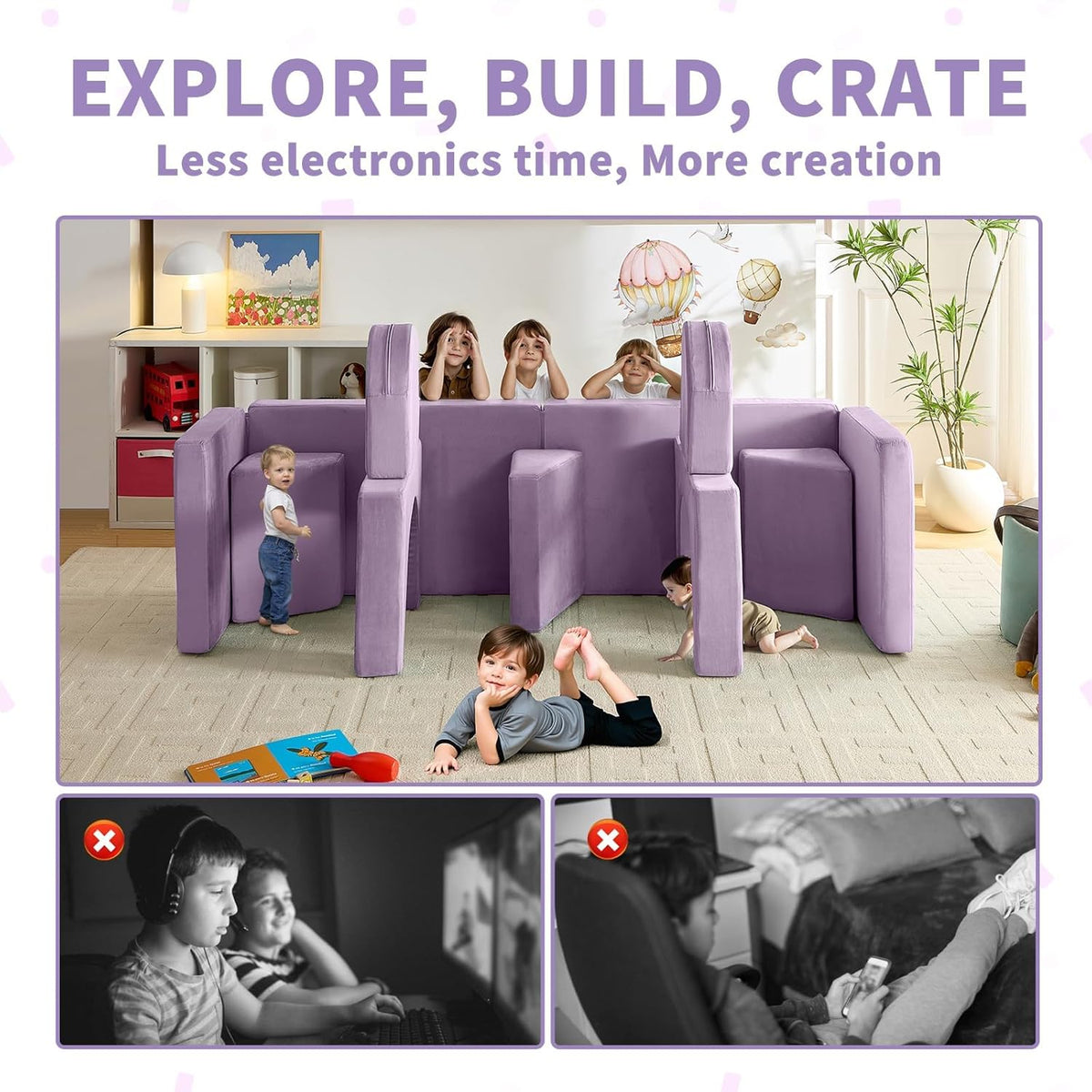 Wumagin Canapé Lit Enfant, Canape Enfant Convertible avec 13PCS Modules, Futon Pliable Meuble Sofa pour Chambre d'enfant, Chambre à Coucher, Salle de Jeux (Myrtille)
