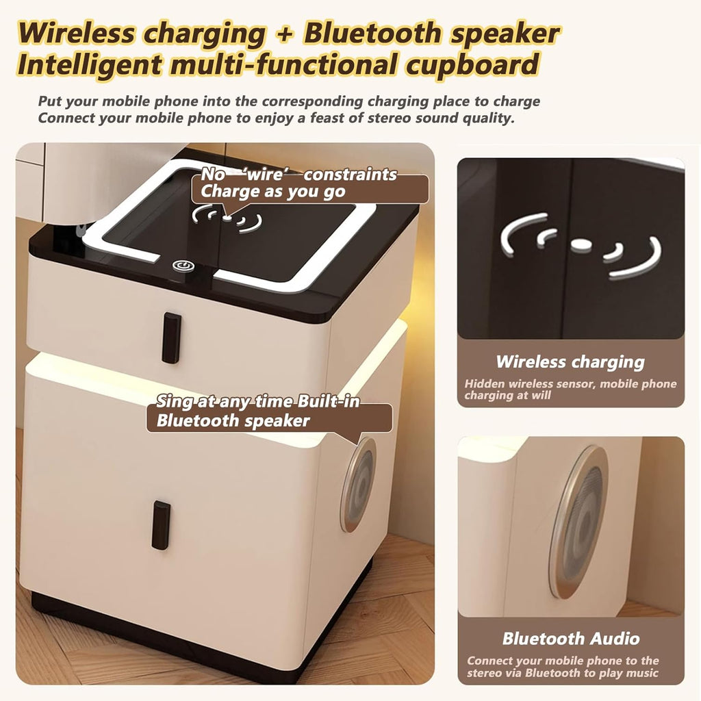 Generisch Ensemble de coiffeuse avec lumières LED, table de maquillage avec 5 tiroirs, station de charge sans fil et haut-parleur Bluetooth, chaise pour chambre à coucher filles femmes Blanc-noir