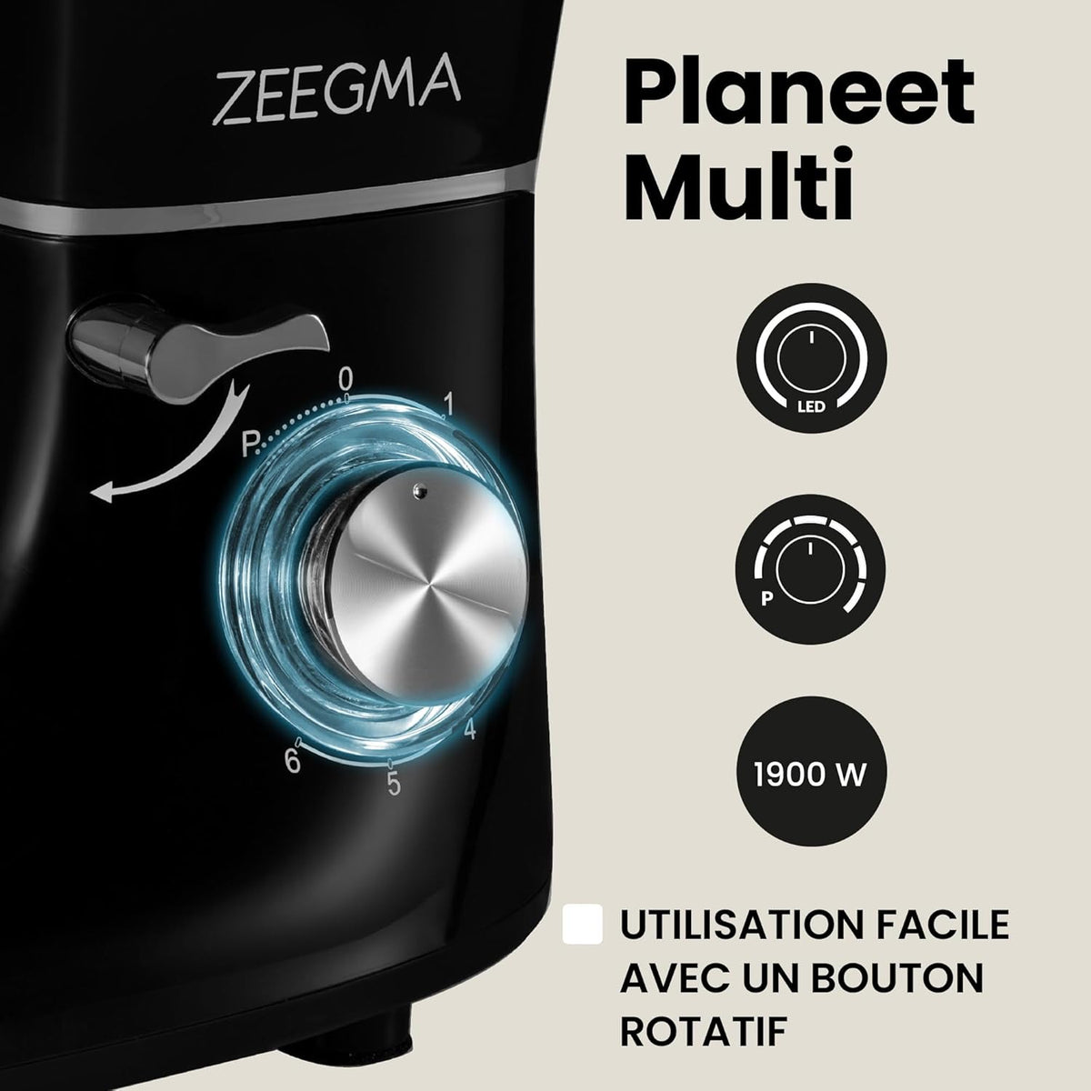 ZEEGMA PLANEET MULTI Robot Planétaire 1900W 3-in-1, Robot de Cuisine Multifonction avec bol de 6,2 L, Poignée et Couvercle, Gobelet Mixeur, Hachoir 6 Vitesses