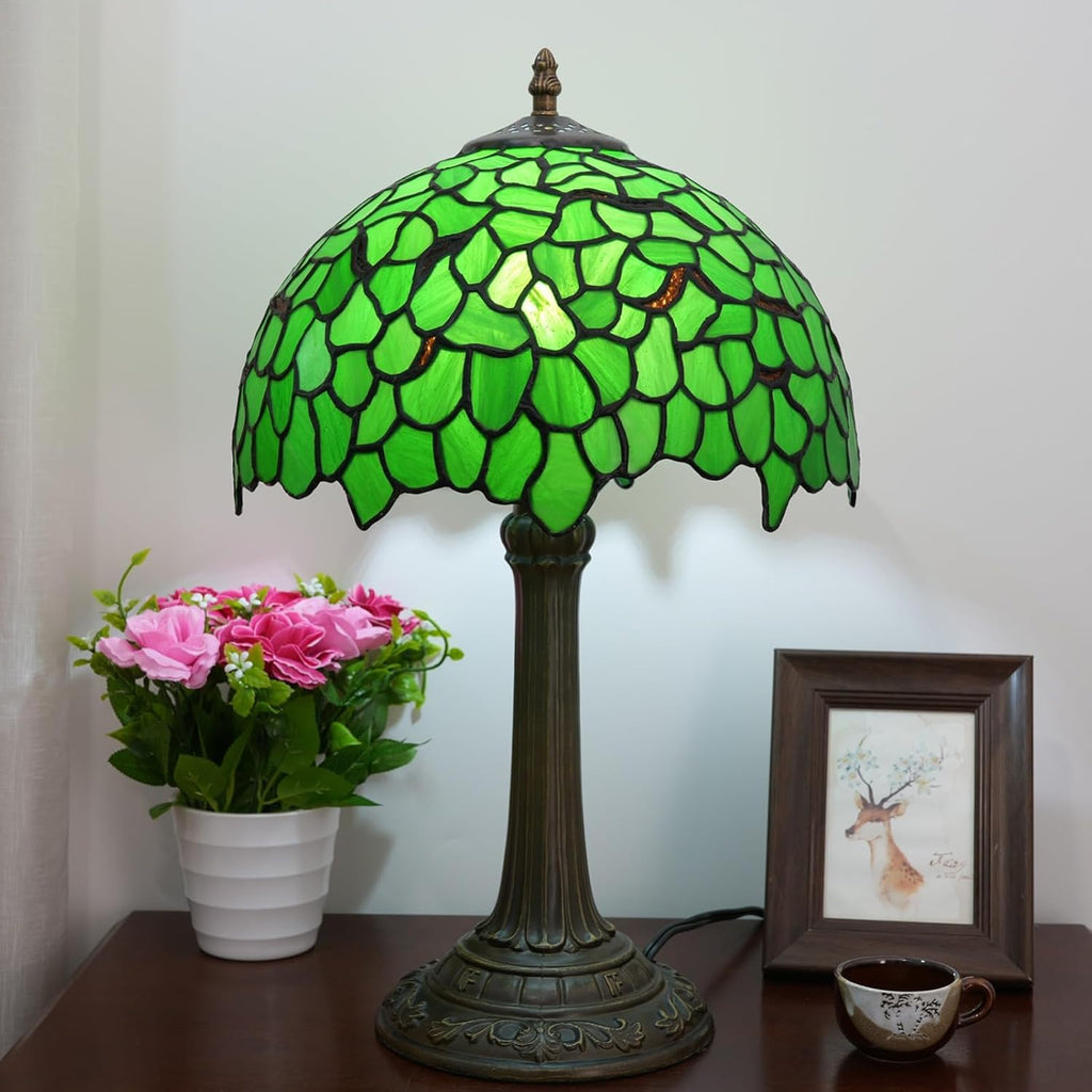 Lywins Tiffany Lampe de Table Vitrail Abat-jour E27 30cm Feuilles Vertes Invité Salle a Manger Bar Lampe Étude Chambre Chevet Lampe De Bureau
