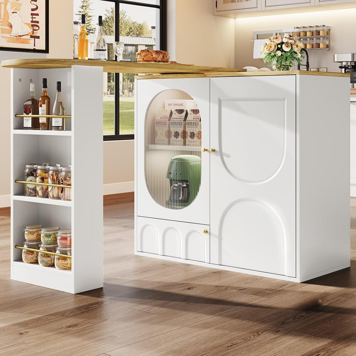 KOMHTOM Table à Manger Pivotante à 360°avec Armoire de Rangement, Meuble de Bar, Bar Cuisine avec 3 Portes et étagères réglables en Hauteur (Blanc)