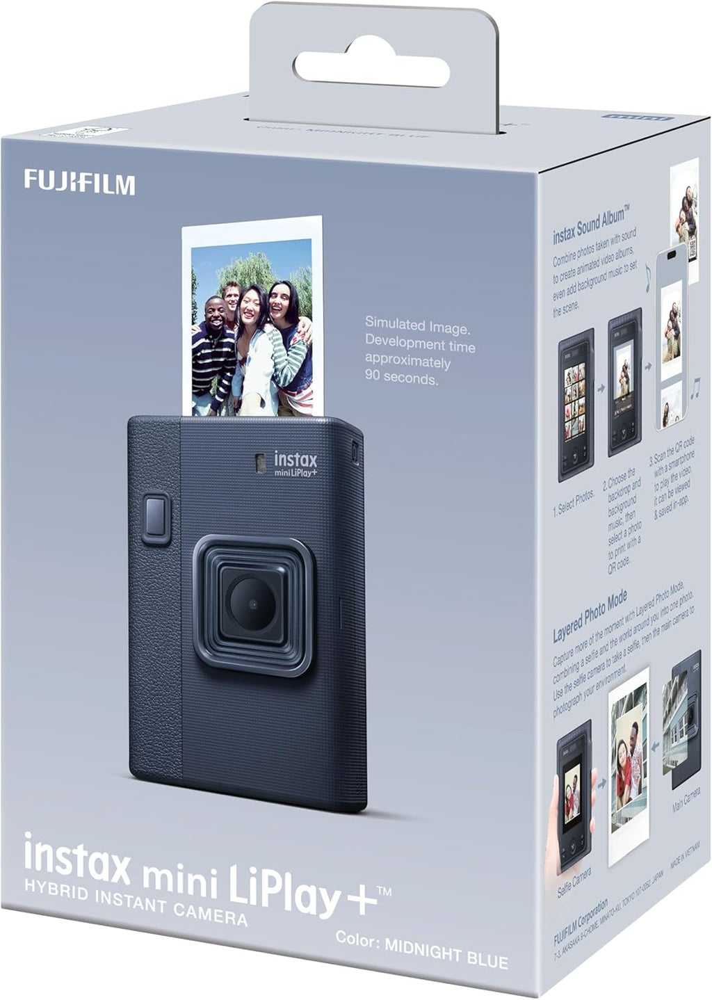 INSTAX Mini LiPlay+ Bleu Nuit Appareil Photo numérique instantané Hybride et imprimante Photo, écran LCD 6 x 4 cm, Fonction d'enregistrement Audio, objectifs Principal et Grand Angle pour Selfies