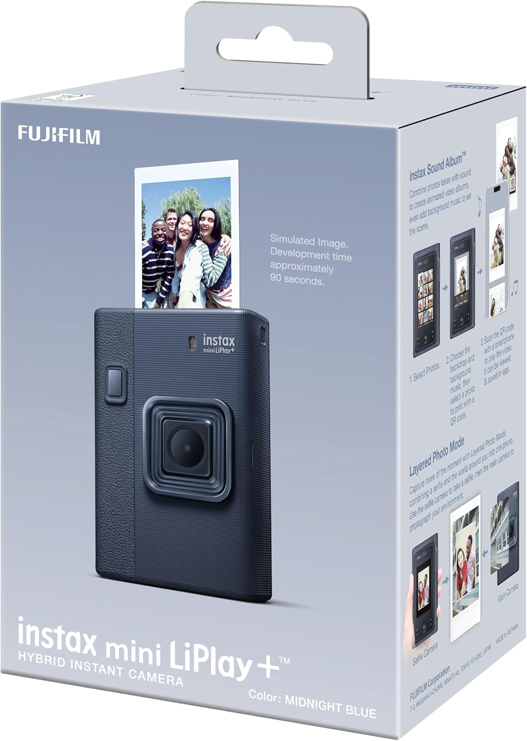 INSTAX Mini LiPlay+ Bleu Nuit Appareil Photo numérique instantané Hybride et imprimante Photo, écran LCD 6 x 4 cm, Fonction d'enregistrement Audio, objectifs Principal et Grand Angle pour Selfies