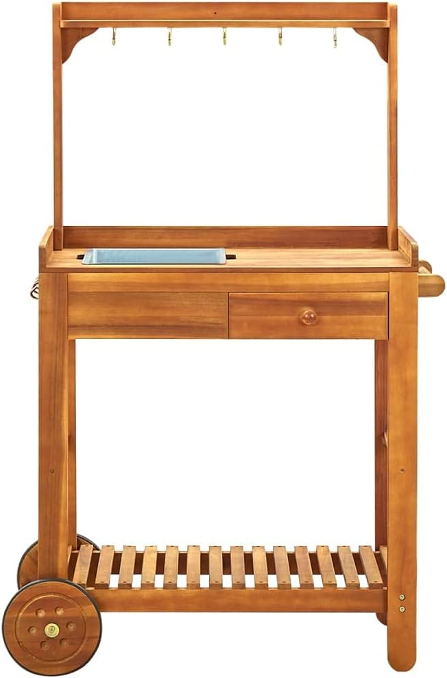 RAUGAJ Chariot de cuisine de jardin en bois d'acacia massif 92 x 43,5 x 141,5 cm, matériau de l'article : bois d'acacia massif avec finition huilée