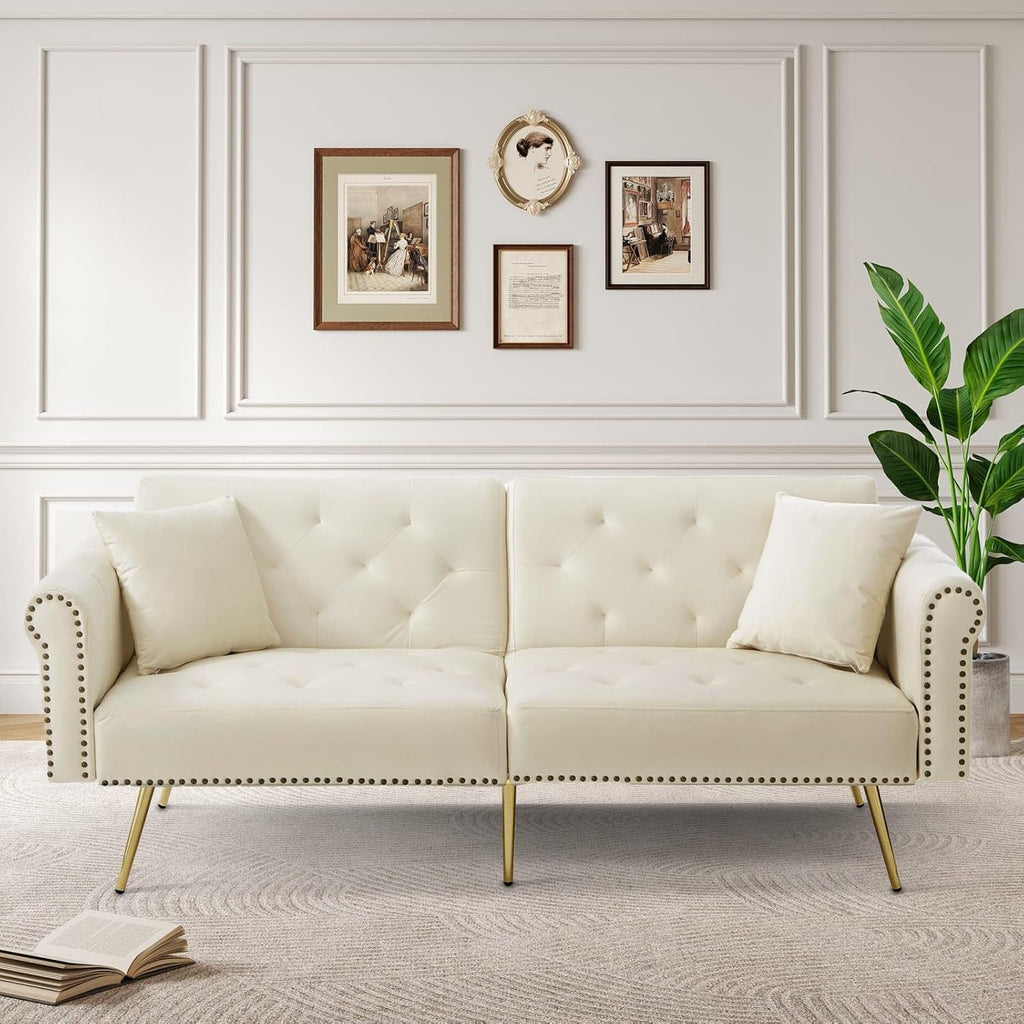 KOMHTOM Canapé-lit avec Dossier Réglable en 3 Positions, Canapé 2 Places élégant avec 2 Coussins et Fonction Sommeil, pour Salon, Chambres à Coucher (Beige)