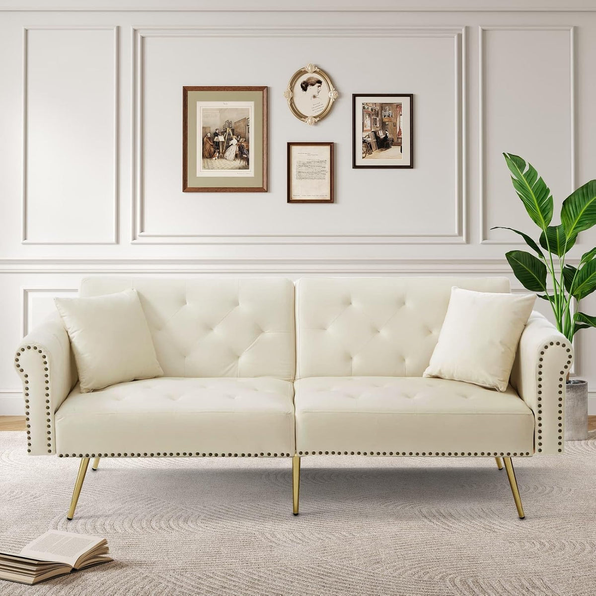 KOMHTOM Canapé-lit avec Dossier Réglable en 3 Positions, Canapé 2 Places élégant avec 2 Coussins et Fonction Sommeil, pour Salon, Chambres à Coucher (Beige)