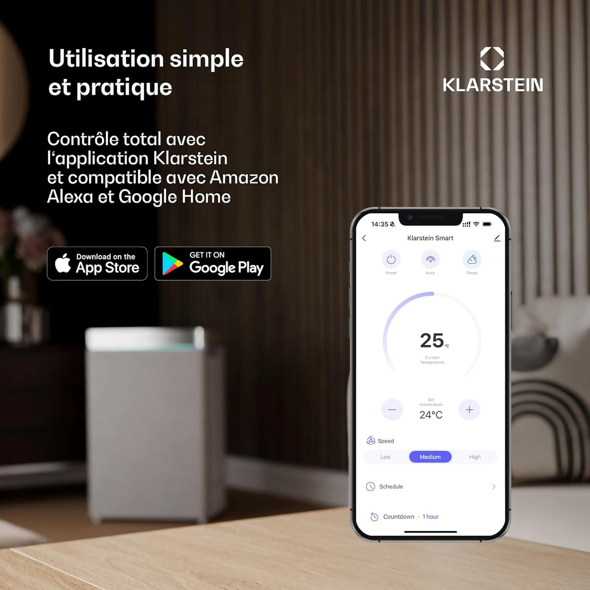 KLARSTEIN DryFy ProConnect 24L Déshumidificateur Smart, Wi-FI, 24h Minuterie, Filtre Charbon Actif, Silencieux, Réservoir 4L, Portable, pour Maison & Bureau, Jusqu'à 36m², Noir