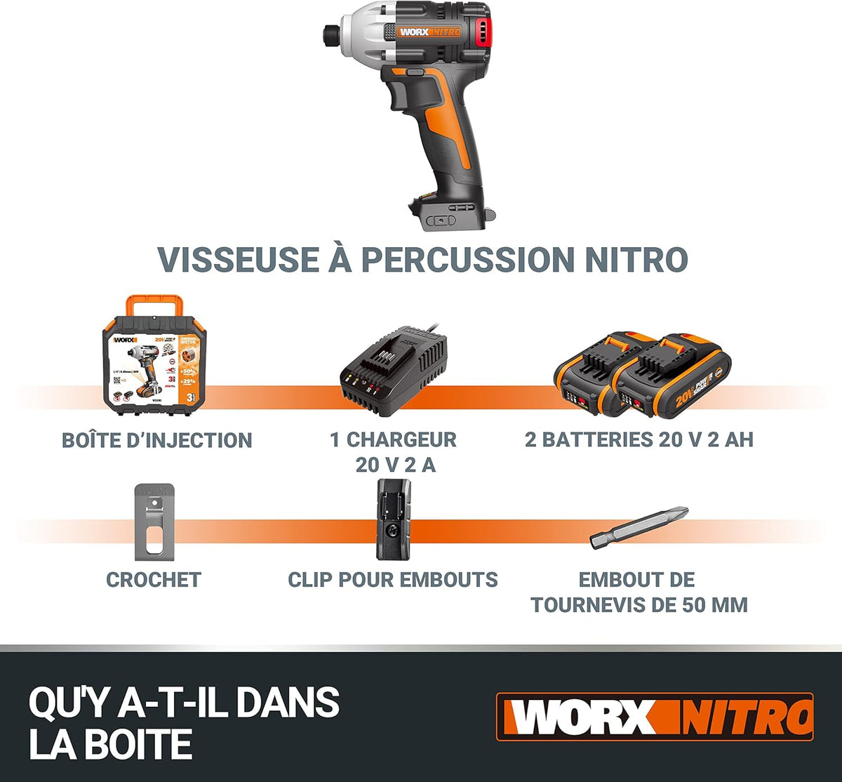 WORX Visseuse à Choc sans Fil Brushless 20V WX261, Légère et puissante 260Nm, 3000 tr/min, mandrin 6,35 mm HEX, 3 Vitesses, crochet et embout de vissage, livrée avec Batterie et Chargeur