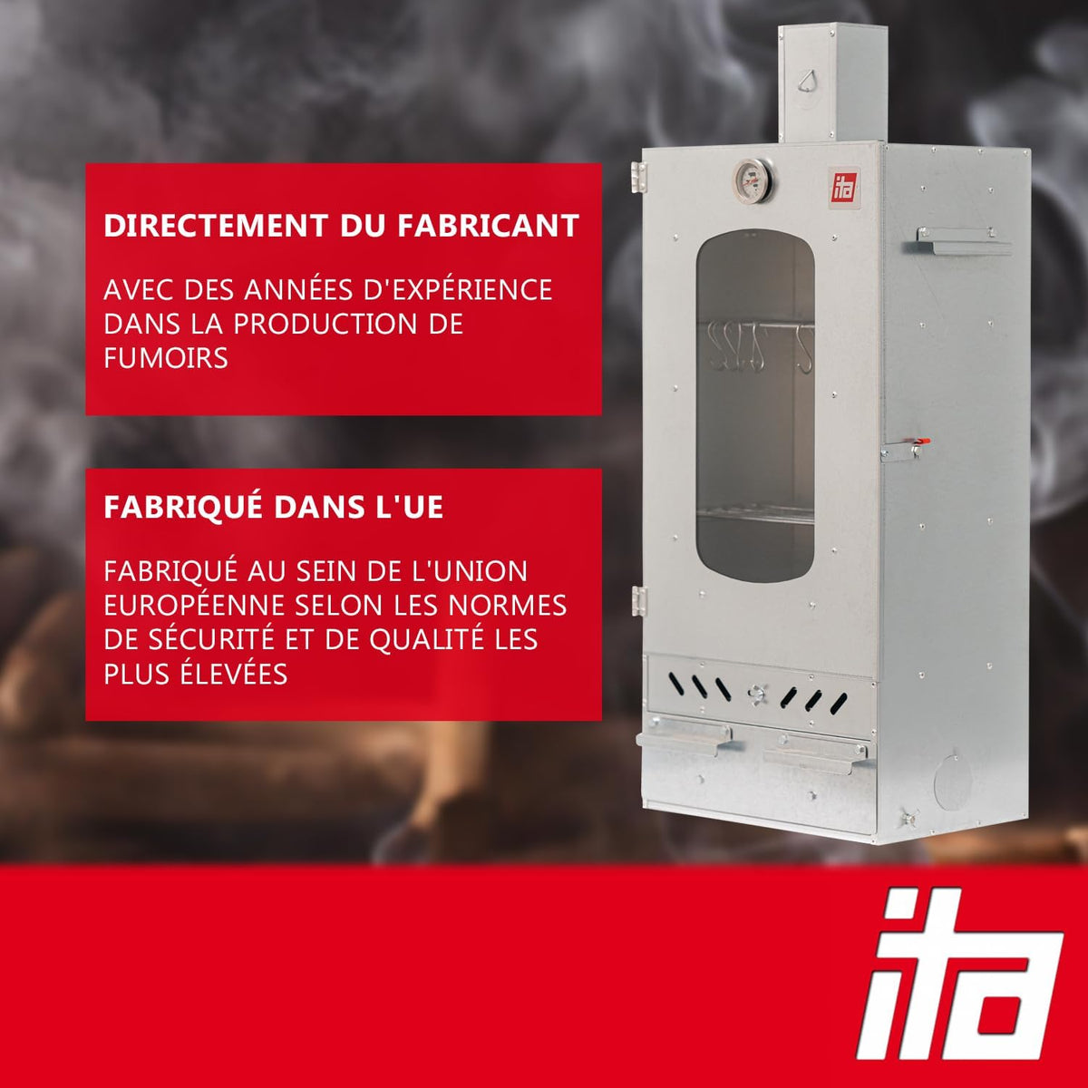 ITA Fumoir Électrique 7012 - Set Smoker avec Chauffage, générateur de fumée - Armoire avec fenêtre & cheminée - Acier allié - Qualité UE, Direct Fabricant - 81 cm avec 3 Niveaux