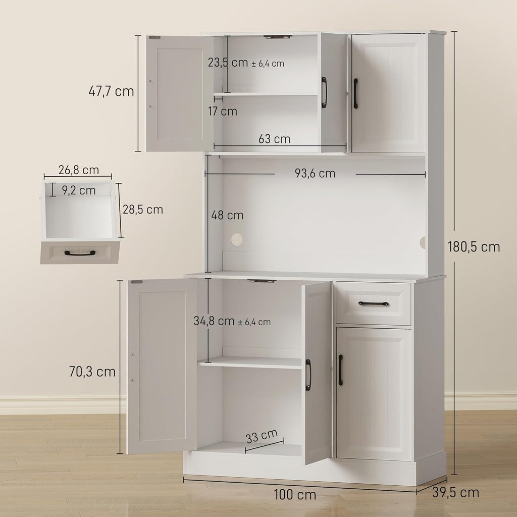 HOMCOM Armoire de cuisine, armoire buffet avec plan de travail, étagères réglables, 6 portes, tiroir, haute garde-manger avec trou de câble, pour cuisine salon salle à manger 100 x 39,5 x