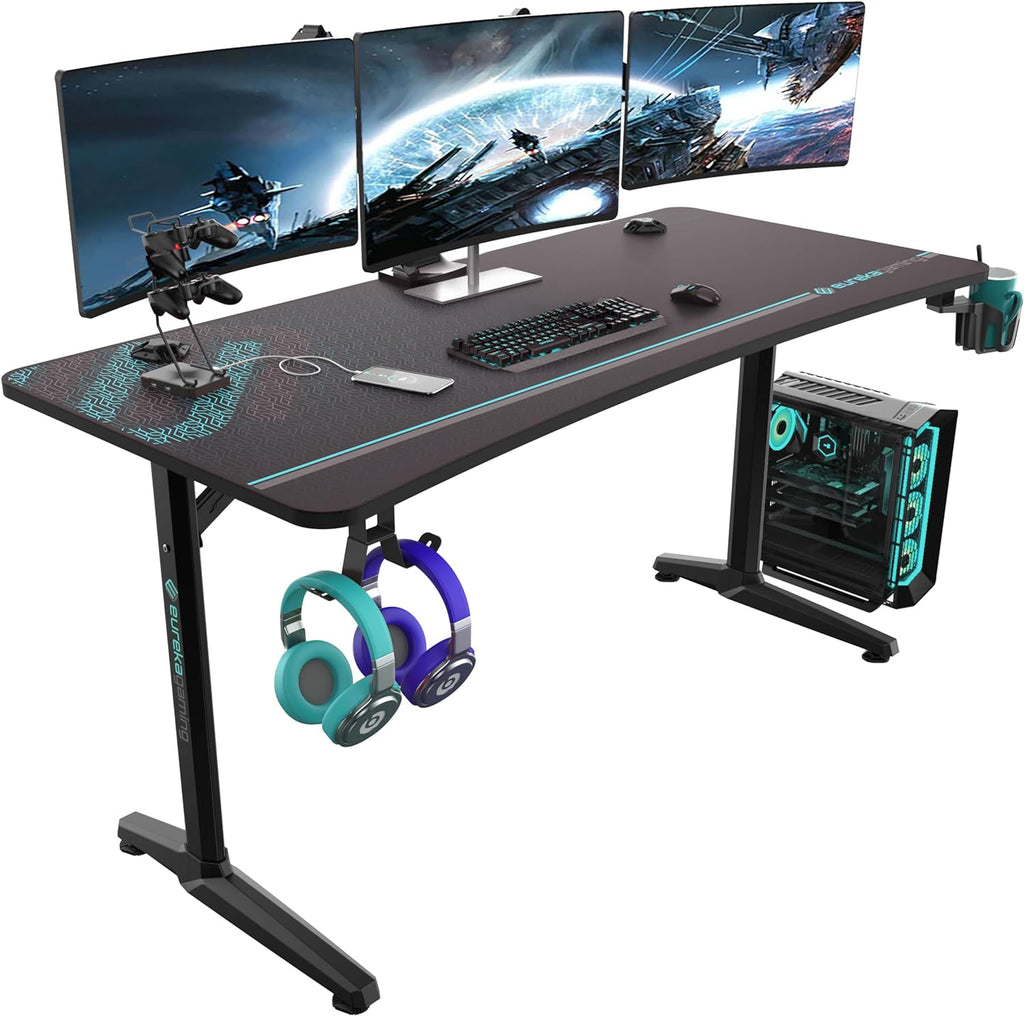 EUREKA ERGONOMIC Bureau Gaming 152x70cm Bureau Gamer Bureau Informatique PC Grand avec Tapis de Souris, Porte-gobelet,Crochet pour Casque et Support de Manette