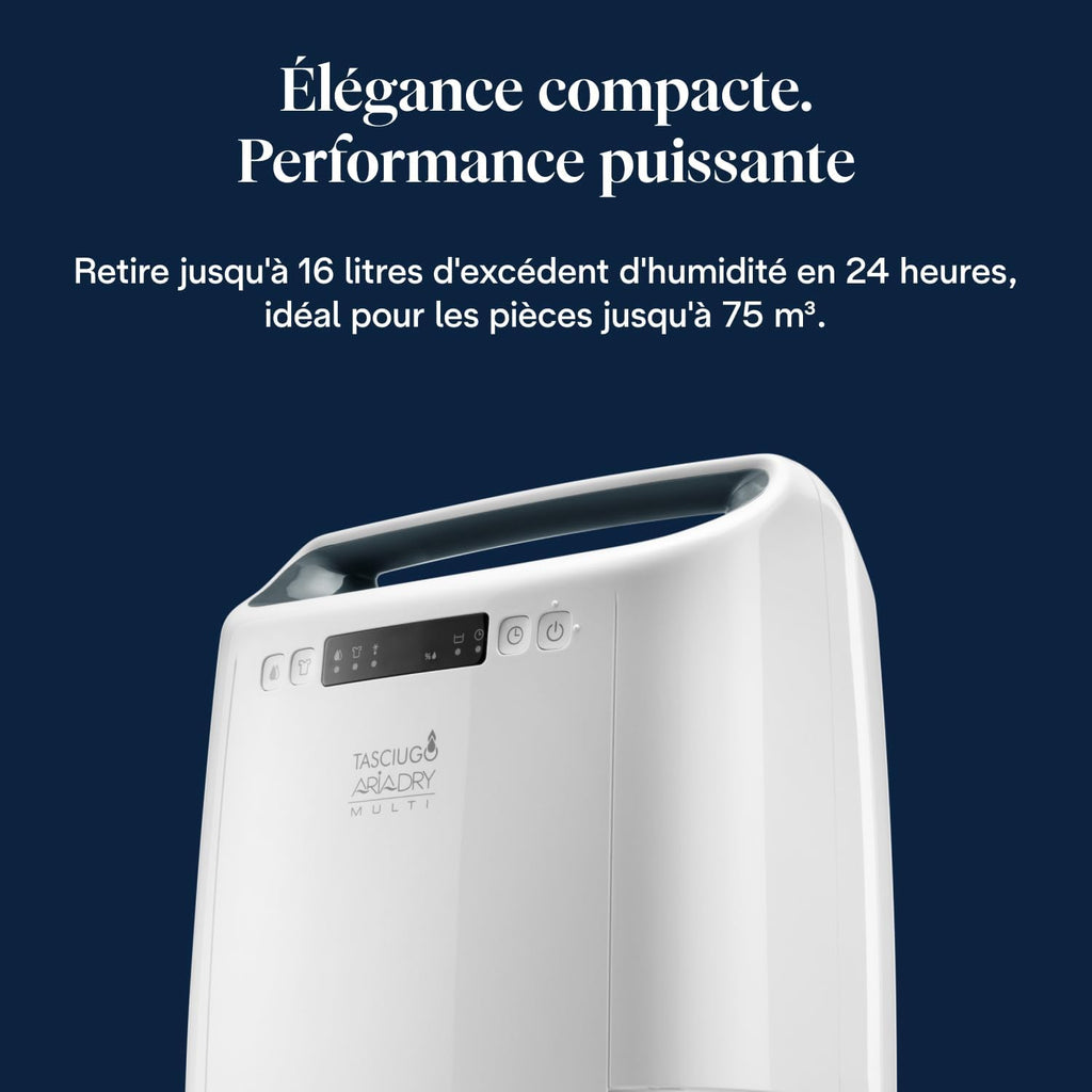 De’Longhi Tasciugo AriaDry Multi - Déshumidificateur Portable pour la Maison, Filtration à 3 Actions, Élimination de l'Humidité 16L/24h, Séchage, Anti-Moisissure, Silencieux, Blanc (DEXD216RF)